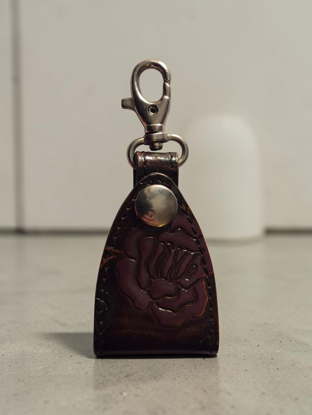 Leather Key Chain Bag Charm with Embossed Rose